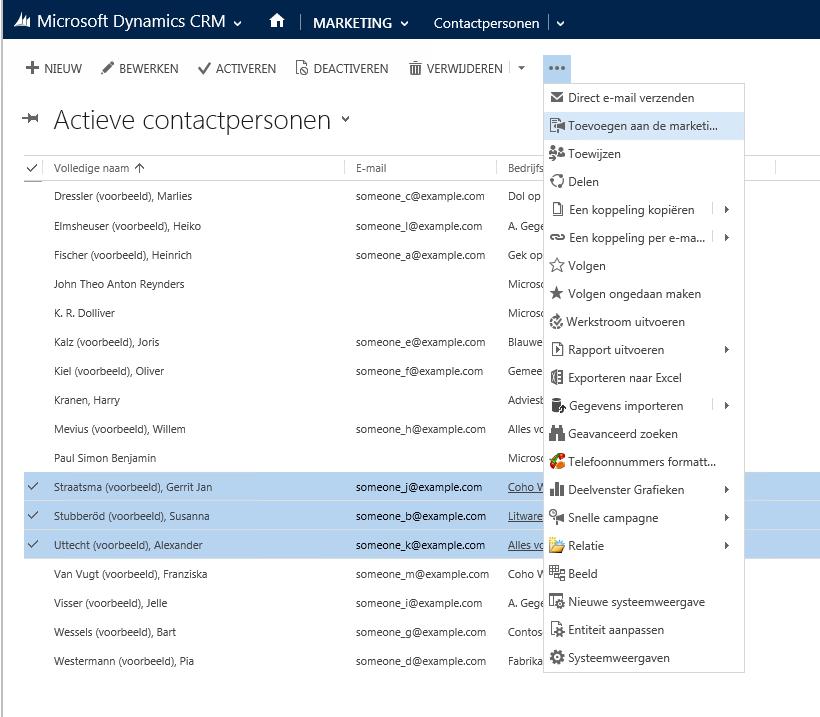 Marketinglijsten kunnen gecreëerd worden op basis van accounts, contactpersonen of potentiële klanten (niet in een combinatie van beide).