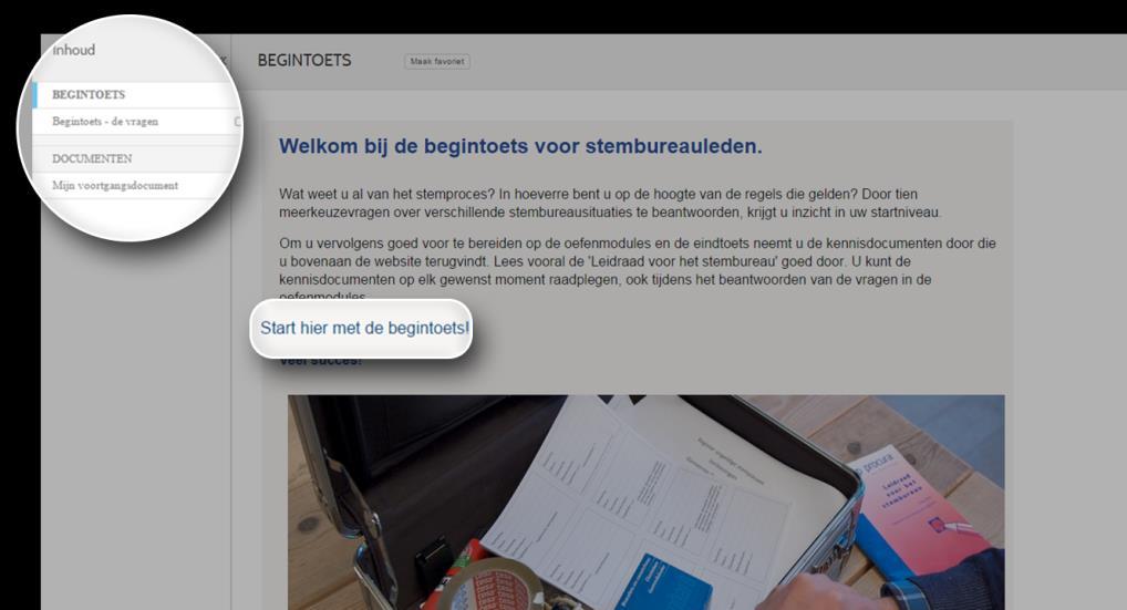 Lees de instructie op de beginpagina goed door en start vervolgens met de begintoets door links in het menu op Begintoets de vragen te klikken of op Start hier