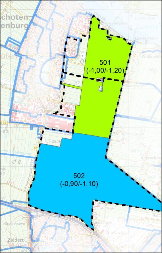 Figuur 3 Peilgebiedsgrenzen van het peilbesluit 2003 (stippellijn) en van het nieuwe ontwerp-peilbesluit voor de peilgebieden 501 (groen) en 502 (blauw) Tabel 5 Peilenvoorstel 2013, verschil met 2003