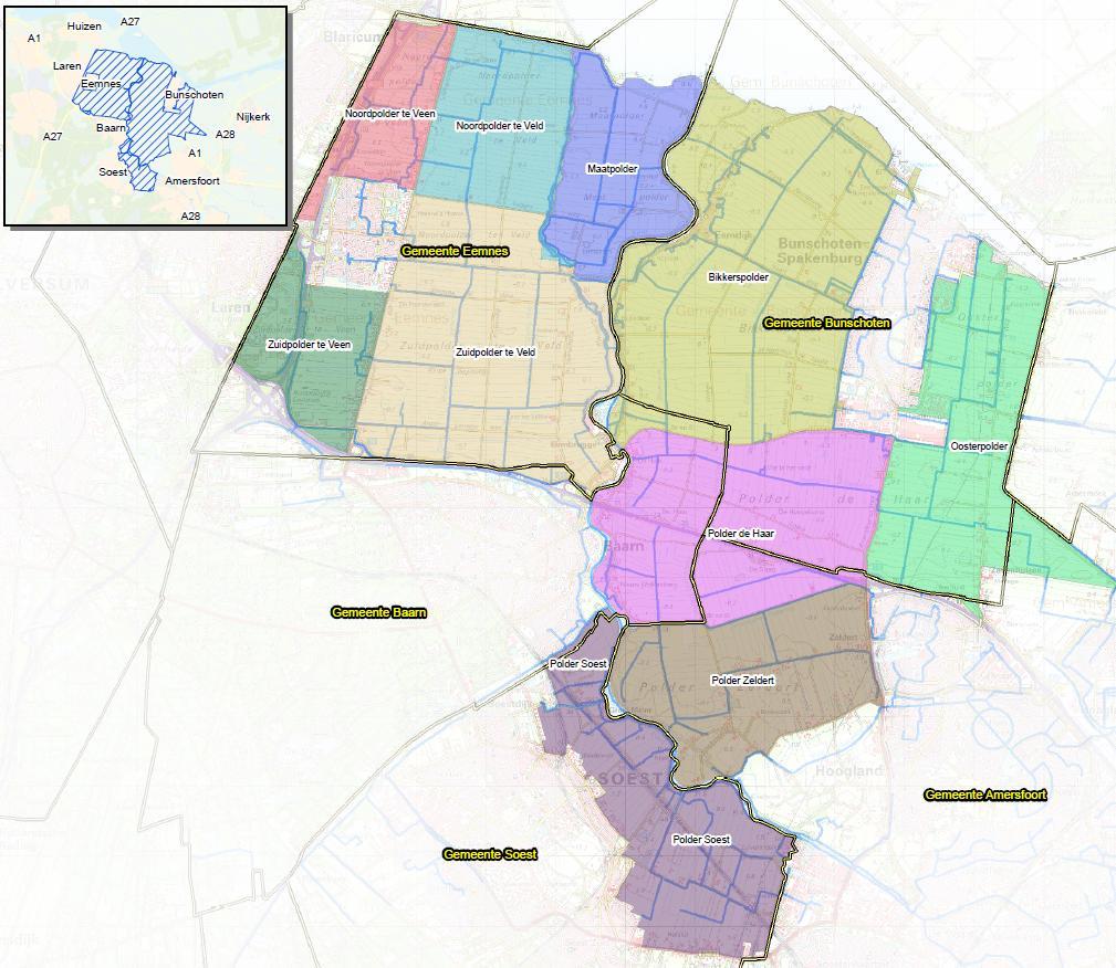 De stedelijke kernen Eemnes, Bunschoten en Amersfoort zijn geen onderdeel van het peilbesluit Eemland. Figuur 1 Overzichtskaart van de polders uit het peilbesluit Eemland uit 2003 1.