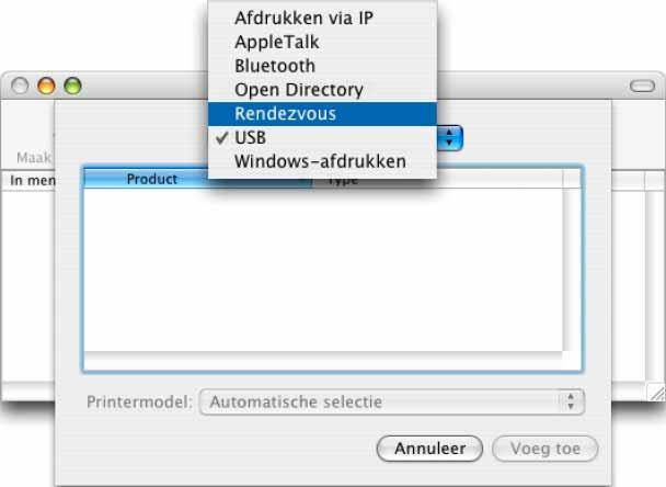 Bij gebruik van een USB-kabel 9 Voor Mac OS X 10.3.9 Klik op [Voeg toe] en kies USB bovenaan in het venster.