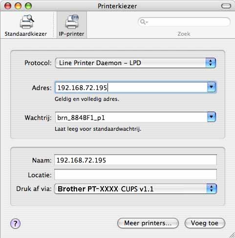 Typ het IP-adres van de printer in het vak Printeradres. Kies PT-9800PCN in de lijst en klik nogmaals op [Voeg toe] om de printer aan het Hulpprogramma voor printerinstellingen toe te voegen.