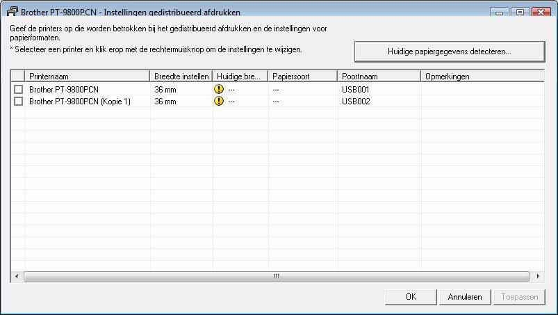 De afdrukken kunnen worden verdeeld over printers die via een USB-aansluiting of een netwerkaansluiting (alleen bij de PT-9800PCN) zijn aangesloten.