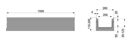 KS 200 Afvoergoten KS 200, lijngootelement met verzinkt stalen randbescherming, met snelvergrendeling SIDE-LOCK, tot belastingsklasse F 900 Type 01 Types 01-010 - 020 Types 110F - 150F - 200F* Types