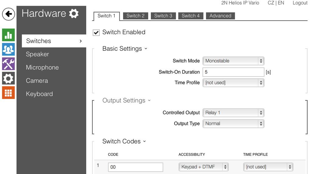 Onder Hardware - > Switches is eventueel de deuropener in te stellen.