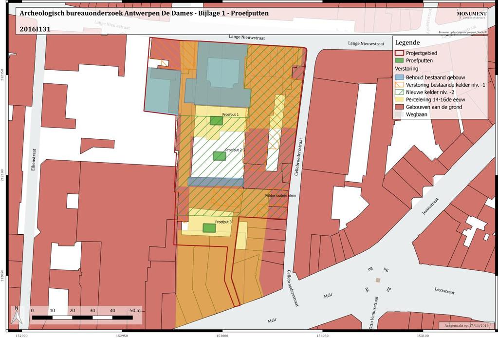 ARCHEOLOGIENOTA ANTWERPEN DE DAMES 6 De uitgegraven grond wordt gestockeerd langsheen de sleuf. Het afgraven gebeurt machinaal (minigraver 1 met platte bak).