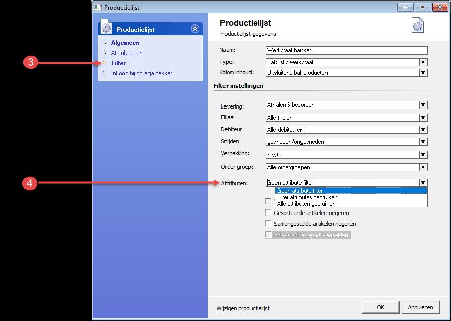3. Klik op de rubriek Filters 4. Met de keuzelijst Attributen kunt u aangeven in welke mate de attributen een rol spelen bij het opstellen van de productielijsten.