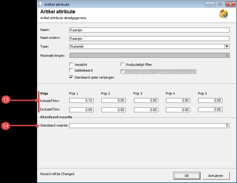 is vastgelegd in de eerste prijstabel. 15. Middels de keuzelijst standaard kunt u aangeven of de standaardwaarde voor dit attribuut ja of nee moet zijn.