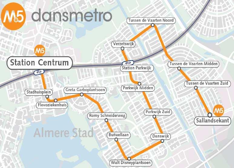 6 Lijn M 5: de Dansmetro Op de volgende haltes bestaan overstapmogelijkheden: Halte Lijn Richting Station Almere Centrum trein Amsterdam Centraal M 2 Buiten via Waterwijk M 3 Muziekwijk M 6