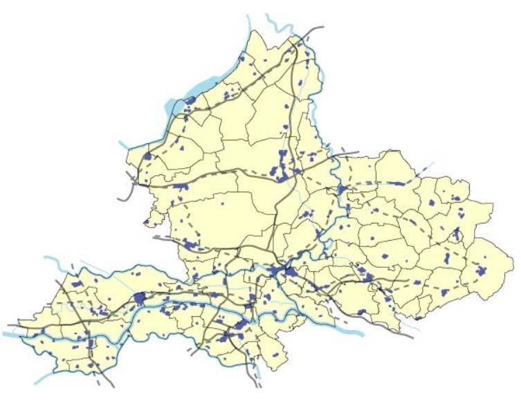 5 Ladinglocatie In Figuur 5.1 is een overzicht van de bedrijventerreinen in Gelderland opgenomen. De dichtheid van bedrijventerreinen in Zuidwest-Gelderland en de KAN-regio is het grootst. Figuur 5.1 Bedrijventerreinen in Gelderland Bron: Provincie Gelderland In Figuur 5.