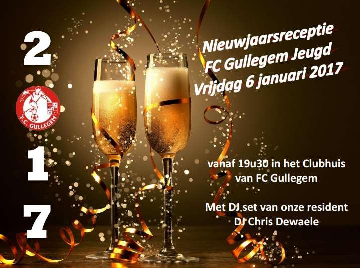 6 januari 2017 Nieuwjaarsreceptie FC Gullegem Jeugd We nodigen iedereen van harte uit op de jaarlijkse nieuwjaarsreceptie die doorgaat in het clubhuis.