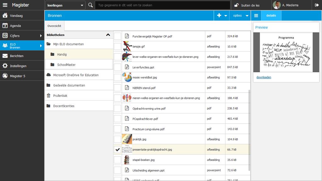 9. ELO Bronnen In dit onderdeel kan de docent rechtstreeks vanuit Magister 6 het digitaal materiaal voor docenten openen. Het digitaal materiaal wordt in een nieuwe tab geopend. 9.