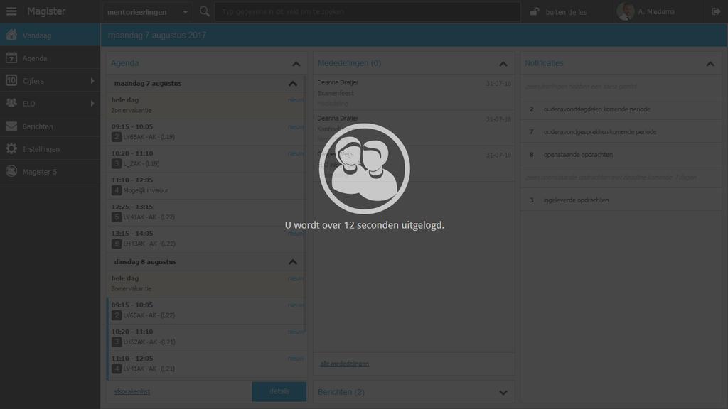 15. Time-out Na 20 minuten inactiviteit wordt de docent geattendeerd op het bijna verlopen van de Magistersessie.
