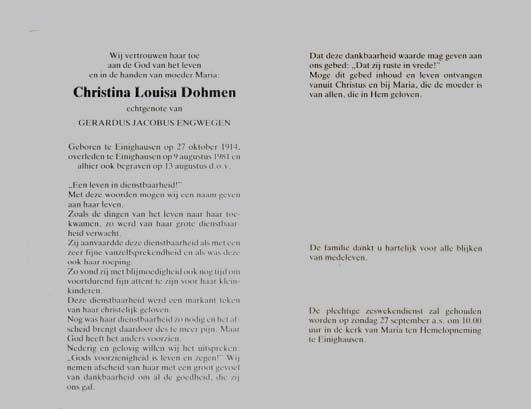 VIId. Christina Louisa(Wis) Dohmen, geb. Einighausen 27 okt. 1914, ald. 9 aug. 1981, tr.