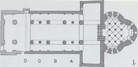 41 Grondplan van de crypte en van de abdijkerk in de 12de eeuw. Het licht gearceerde deel dateert van eind 12de eeuw.