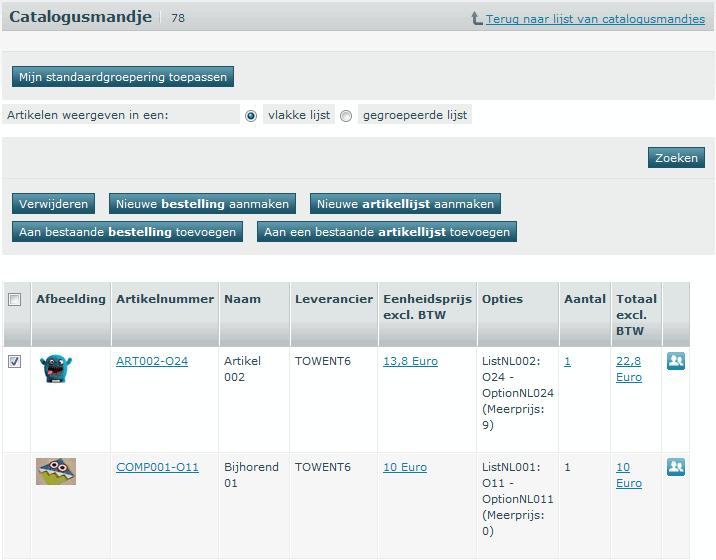 6.1 Het catalogusmandje Alle artikelen die werden ingediend ter bestelling voor een bepaalde catalogus, worden samengebracht in het catalogusmandje. 6.1.1 De lijst van artikelen en de bestemmelingen Standaard worden de artikelen getoond in één vlakke lijst, waarbij bestemmelingen gegroepeerd worden per artikel.