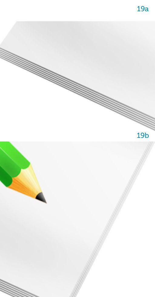 Stap 19 (19a en 19b) Lijngereedschap (U) gebruiken, witte kleur, evenwijdige lijnen tekenen over laag bottom en laag side.