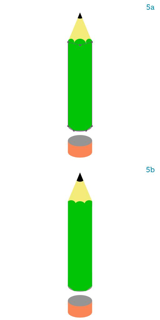 Stap 5 (5a) De grootste groene cirkel wat naar onderen opschuiven. Met Pen gereedschap (P) teken je de vorm (groene kleur) van het potlood tegen de hulplijnen, naam = body.