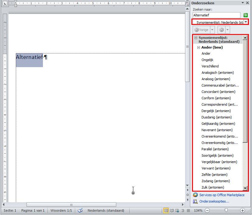 We kunnen een woord intypen en zien wat de Synoniemenlijst voorstelt: De sneltoets Shift+F7 zal ook het Onderzoeken-scherm openen met het geselecteerde woord in het