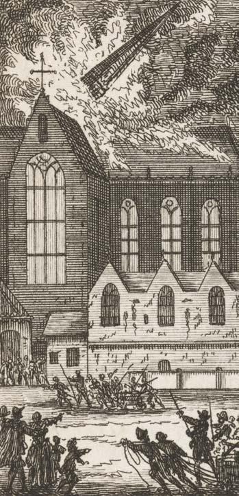 Brand! Op 11 januari 1645 stormde het in Amsterdam. Juist op deze dag lieten enkele loodgieters na het middageten een brandende vuurpot op het dak van De Nieuwe Kerk staan.