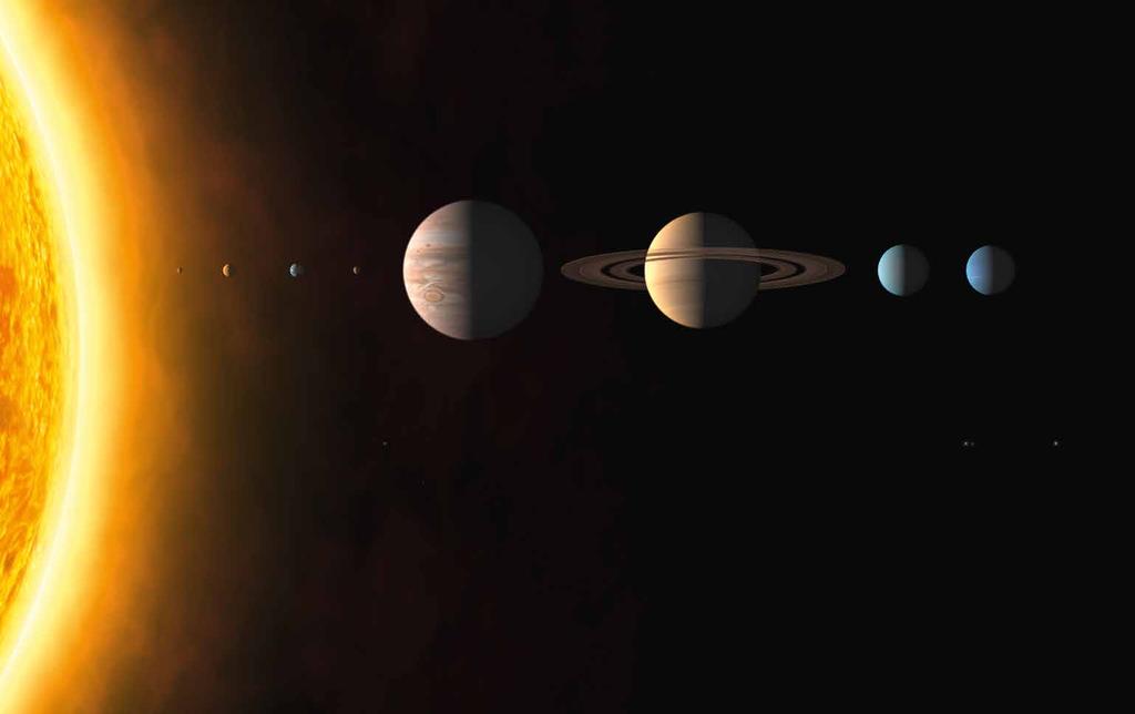 KLEIN GRUT IN HET ZONNESTELSEL Het zonnestelsel telt acht planeten. Vier kleine (Mercurius, Venus, de aarde en Mars) en vier grote (Jupiter, Saturnus, Uranus en Neptunus).