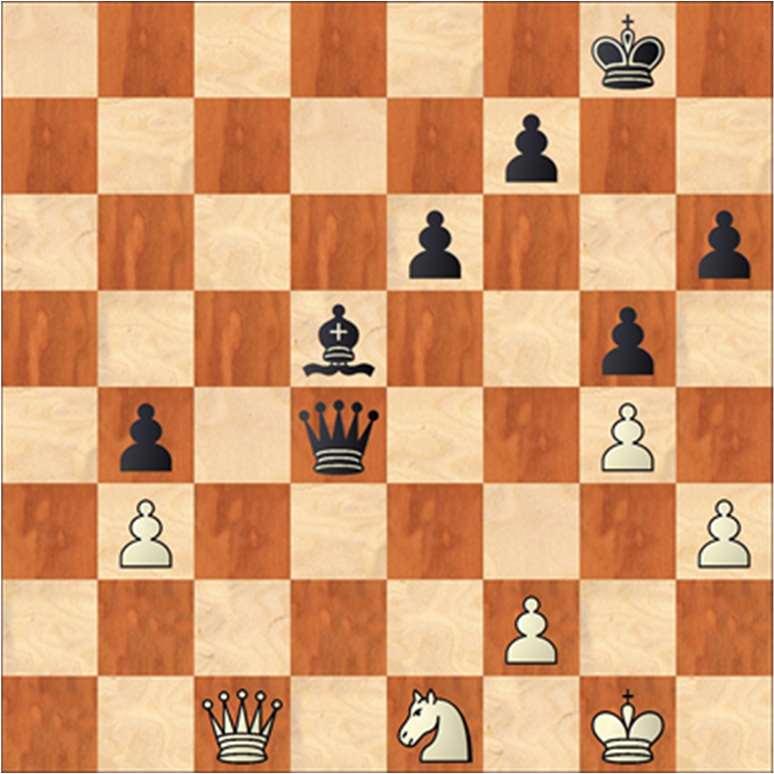 Michael heeft keurig een voor een de zwarte stukken afgeruild en de pion op g6 ontbreekt nog steeds met een strakke berekening wikkelt hij nu af naar de winst: 45. Lb6xc7! Pe8xc7 46.