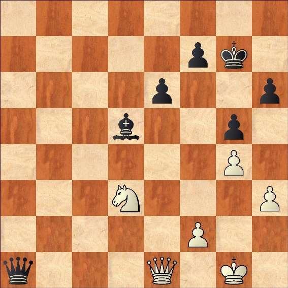 Db4-e1 47. g3xf4 Pc7-b5+ 48. Kd6-e5 Pb5-c7 49. f4-f5 En zwart geloofde het verder wel en gaf op. Daarmee waren we op de rand van de overwinning gekomen, want we stonden maar liefst met 4-1 voor!