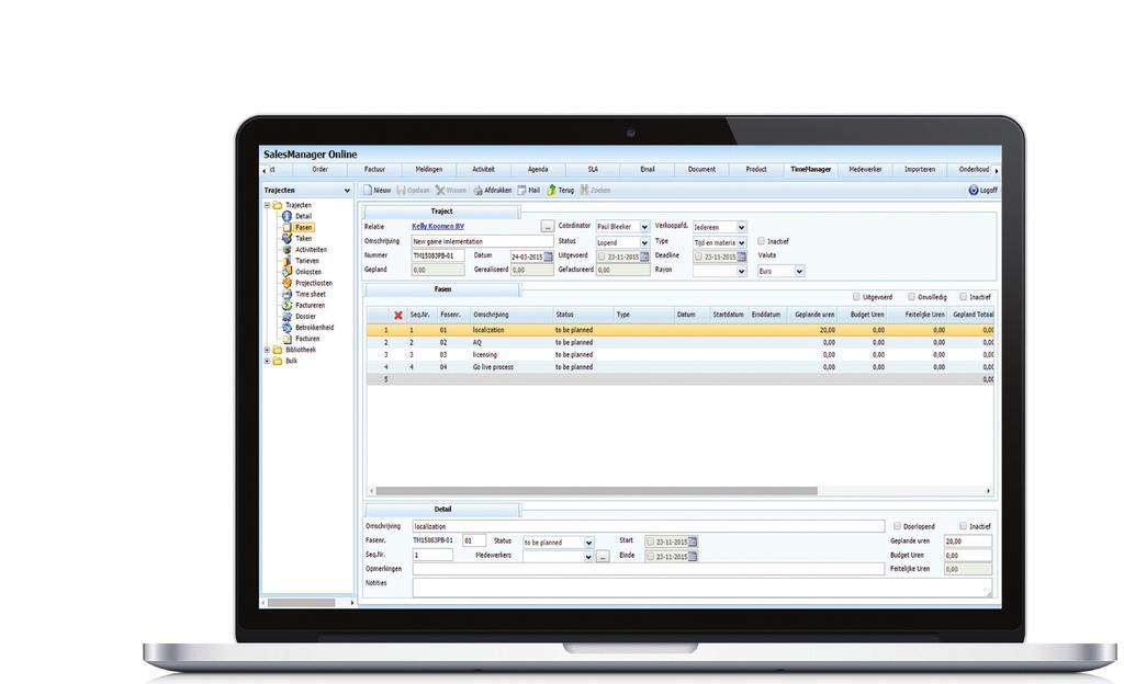 26 Fasering Taken en fasen In TimeManager worden projecten onderverdeeld in fasen en taken. Door deze onderverdeling houdt u makkelijker overzicht op de voortgang.