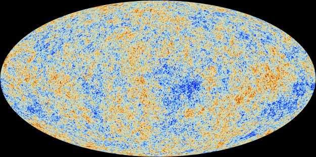 buiten). Onderstaand staat een afbeelding van de kosmische achtergrondstraling 379.000 jaar na de oerknal.