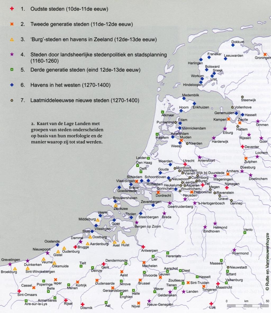Bron: R. Rutte & B. Vannieuwenhuyze, Stadswording in de Lage Landen van de tiende tot de vijftiende eeuw.