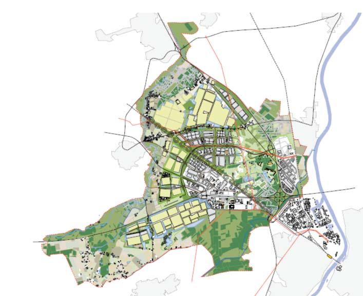 Toekomstbeeld voor 2020: ontwikkelingsrichting van het gebied De werklandschappen in de vorm van klavertjes bevinden zich rondom de Greenportlane.