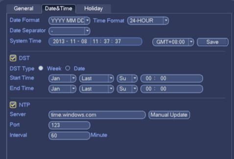 IPC Time Sync Navigation bar Mouse sensitivity Hier stelt u in na welke periode de recorder tijd en IP camera tijd worden gesynchroniseerd.