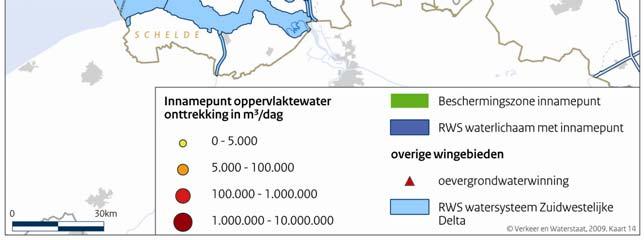 Figuur 3.4: Beschermd gebied voor de ontrekking van oppervlaktewater ten behoeve van menselijke consumptie. 3.4.4 Schelpdierwateren In Nederland zijn enkele gebieden aangewezen die beschermd dienen te worden vanwege specifiek in het water voorkomende plant- en diersoorten 35.