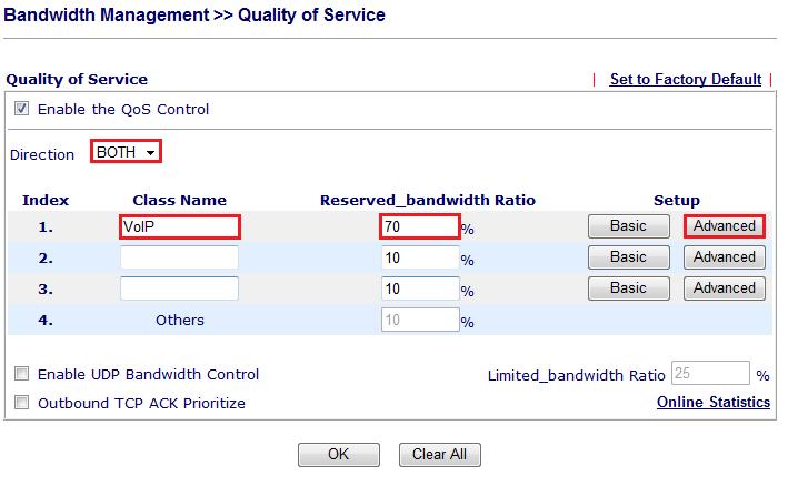 QoS op VoIP Sip verkeer toepassen Ga in het hoofdmenu van de DrayTek naar Bandwidth Management >> Quality of Service.