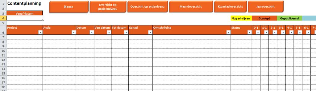 4. Overzicht content planning Door op Overzicht content planning te klikken kom je op een werkblad met daarin de gegevens van de in het bestand aanwezige projecten met de acties.