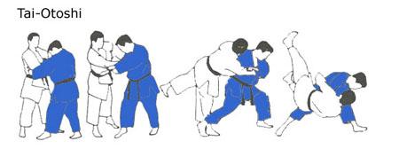 Tai o Toshi : voorwaarts uit evenwicht rechtervoet naast rechtervoet van uke zetten en been tegen been, geen contact met de heup Aanval op de grond,uke in ruglig tor staat recht ( 3 vormen ) 1 linker