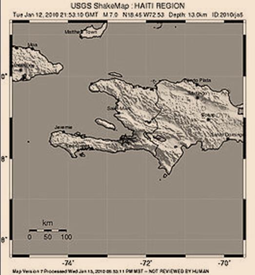 Een andere manier om de schaal weer te geven zie vaak terug op internet of in de krant. Het kaartje hiernaast is een kaartje van Haïti, dat kort na de grote aardbeving op internet verscheen.