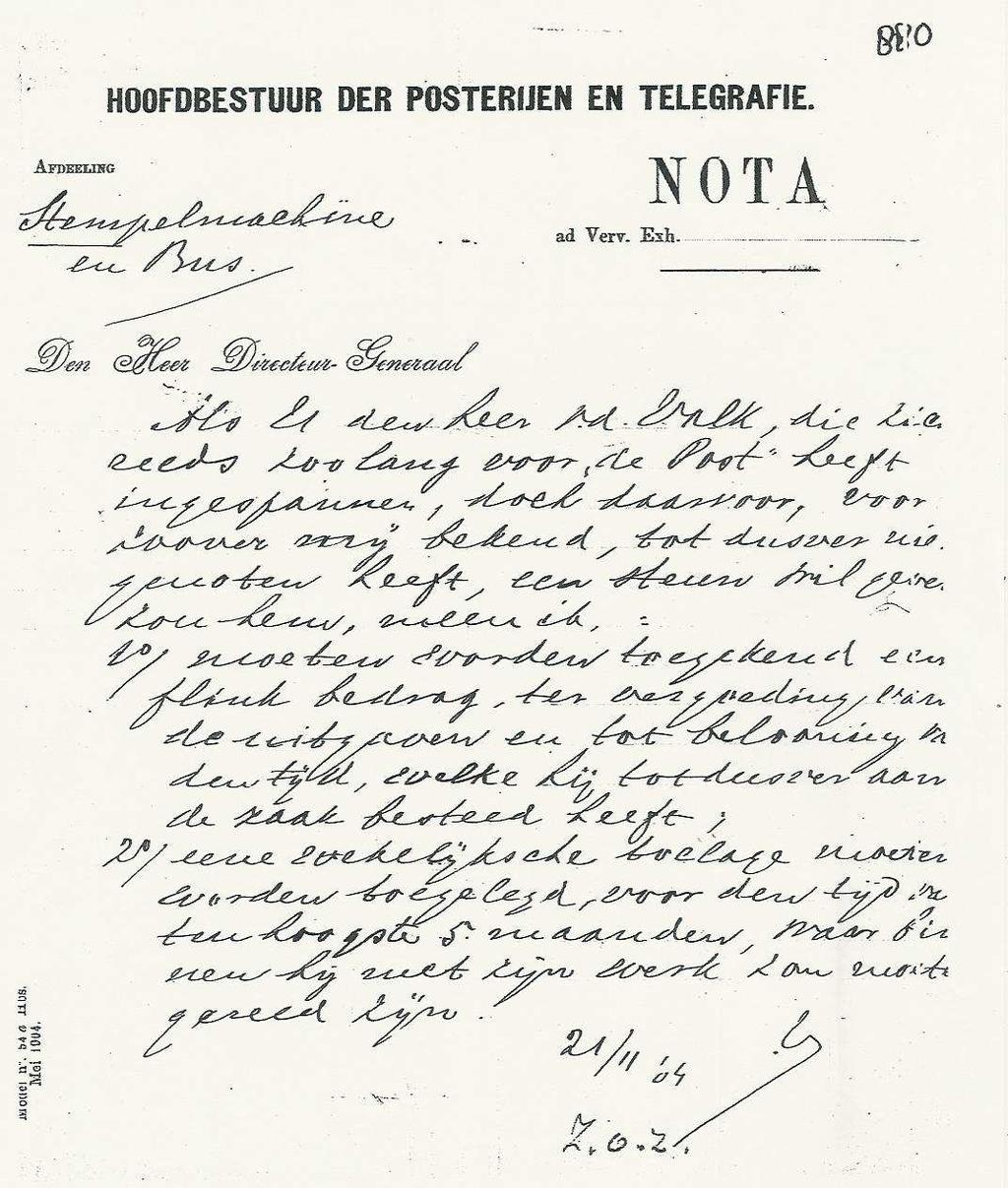 ARTIKEL Op 21 november 1904 neemt administrateur De Bloeme contact op met de Directeur- Generaal om in elk geval aan Van der Valk een beloning toe te kennen voor het werk, dat hij totnogtoe aan de