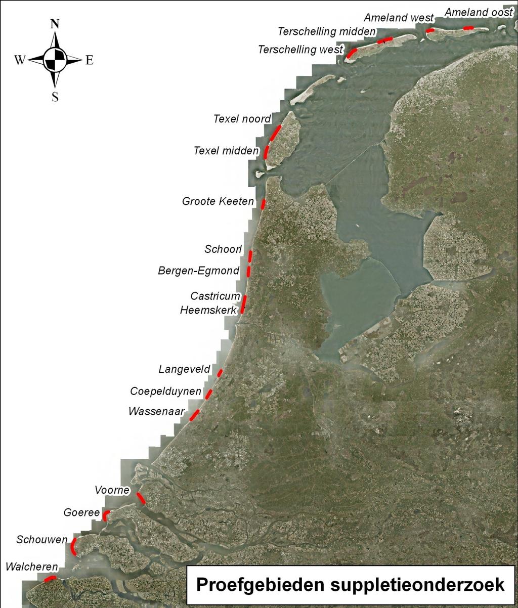 Figuur 4.1 Overzicht proefgebieden Heemskerk (RSP 48.50-51.00): eenmaal op het strand gesuppleerd.