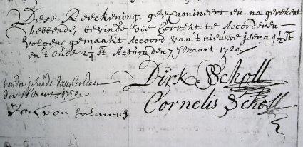 Pagina 3 van 8 Verklaring van de klokkenisten Dirk en Cornelis Scholl Het resultaat werd op 7 maart 1720 geïnspecteerd en goedgekeurd door Dirck en Cornelis Scholl.