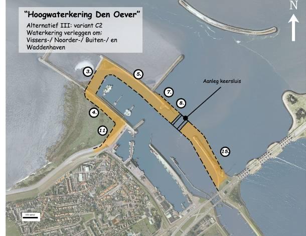 10 van 91 Variant 3A Binnendijks brengen van Vissers- en Noorderhaven. De nieuwe primaire waterkering krijgt een hoogte van + 10 m NAP. Er wordt een keersluis geplaatst.