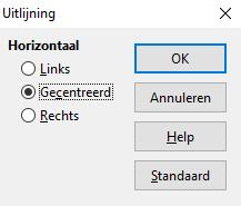 2) Ga naar Opmaak > Uitlijning op de Menubalk om het dialoogvenster Uitlijning te openen (Afbeelding 11). 3) Selecteer Links, Gecentreerd of Rechts voor de horizontale uitlijning.