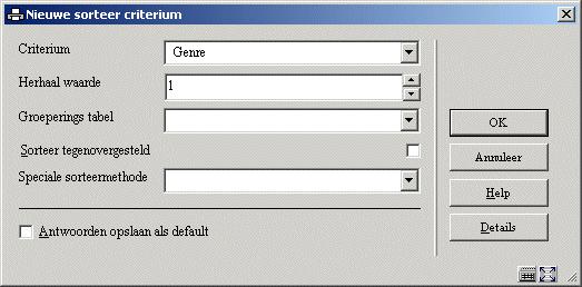 141.4.16 Nieuw criterium Als u een nieuw criterium wil toevoegen aan een sorteerprofiel, toont het systeem volgend scherm: In dat scherm kan u volgende eigenschappen bepalen: Criterium: Selecteer een