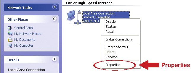 b) Klik in LAN of High-Speed Internet met de rechtermuisknop op Local Area Connection en selecteer Eigenschappen.