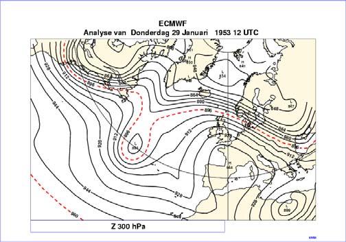 De stroming op 300 hpa in de dagen voorafgaande aan de storm.