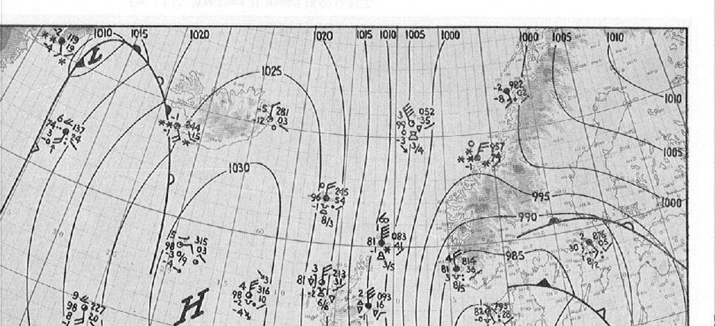 Figuur 6. Handgeanalyseerde kaart van storm op 1 februari 1953 00 UTC.