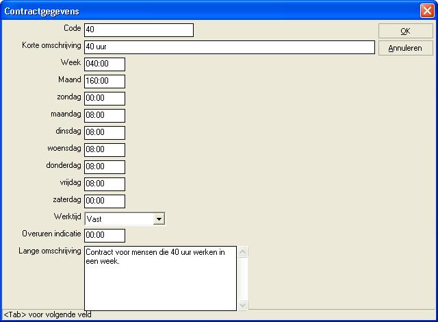 U kunt eventueel nog een indicatie van de overuren aangeven en een lange omschrijving. Afbeelding 6: Voer een contractvorm in. 3.