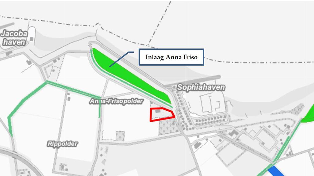 Afbeelding 3: De ligging van het plangebied (rood kader) ten opzichte van Inlaag Anna Friso (EHS).