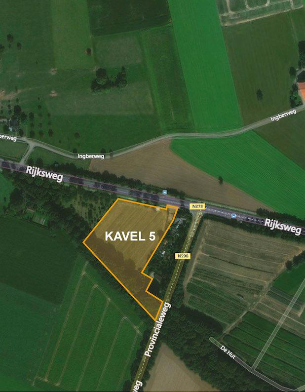 Kavel 5 De kavel bestaat uit twee kadastrale percelen met een totaaloppervlak van 1.22.83 ha. De kavelvorm is gunstig, bevat vrijwel geen stenen, en is goed ontsloten aan de Rijksweg.