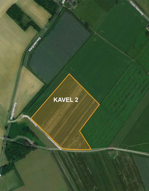 Kavel 2 De kavel bestaat uit vier kadastrale percelen met een totaaloppervlak van 3.67.42 ha. De kavelvorm is gunstig, bevat geen stenen, en is goed ontsloten aan de Lammerdelweg.